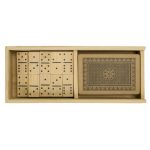 A bamboo box containing a set of dominoes and a decorated playing card deck. The items are natural wood and dark brown.