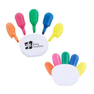 A hand-shaped highlighter set featuring pink, blue, green, yellow, and orange highlighters with a branding logo.