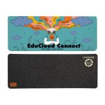 A colorful desk mat featuring a whimsical design with clouds and a central character, in teal and gray colors.