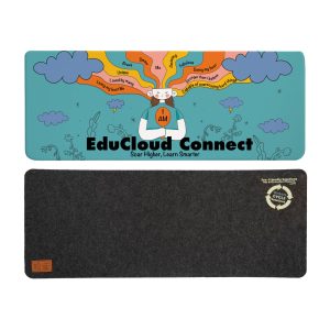 A colorful desk mat featuring a whimsical design with clouds and a central character, in teal and gray colors.