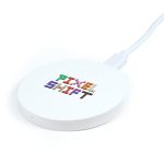 A round white wireless charger with a cable, featuring colorful text and a logo on the surface.