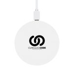 A round wireless charger featuring a white design and the logo of Cumulus Code Innovations.