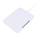 A wireless charger featuring a sleek, rectangular design in white, with a cable attached for power connection.