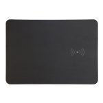 A black wireless charger and mouse pad with a logo, featuring a smooth surface and a simple design.