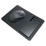 A sleek black mouse pad with an integrated wireless charger, featuring a smartphone and a computer mouse on top.