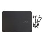 A black wireless charger and mouse pad with a USB cable included. It features a logo on the surface.