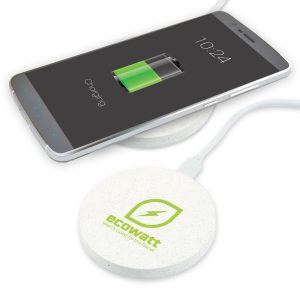A round white wireless charger with a logo, beside a smartphone displaying a charging battery icon.