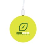 A round, bright green wireless charger with a logo on the surface and a connected charging cable.