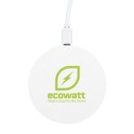 A round white wireless charger with a logo, featuring a green leaf and a lightning bolt design.