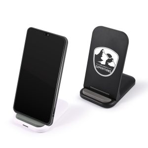 A wireless charger in black and white, with a sleek design and a logo on the black model.