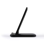 A sleek black wireless charger designed for efficient phone charging, featuring a stand for easy viewing.