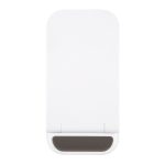 A white wireless charger with a sleek design and a dark grey base. It features a logo on its surface.