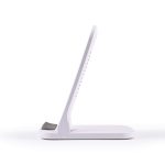 A white wireless charger with a sleek design, featuring a stand for easy device placement and a logo.
