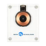 A crystal wireless charger with a copper charging pad, encased in a transparent plastic housing and featuring a logo.