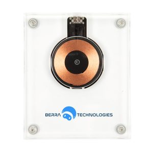 A crystal wireless charger with a copper charging pad, encased in a transparent plastic housing and featuring a logo.