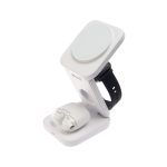 A white 3-in-1 wireless charger with a stand for a phone, a spot for AirPods, and a section for a smartwatch.