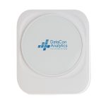 A white wireless charger featuring a round charging pad and a brand logo in the center.
