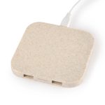 A square, beige wireless charger hub with a textured surface and USB connection. It features two ports.
