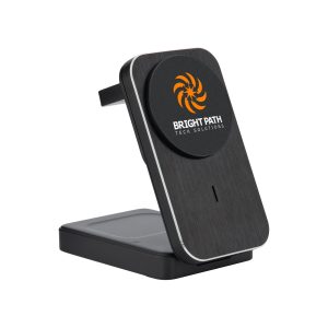 A wireless charger with a sleek black design and a logo featuring an orange swirl pattern.