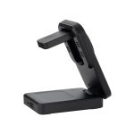 A black, multi-functional charger with a stand, featuring USB ports and a wireless charging pad.