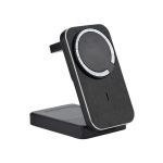 A wireless charger in black with a sleek design, featuring a circular charging pad and a stand.