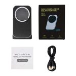 A black wireless charger with a circular design, accompanied by a user manual and a charging cable.