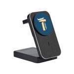 A black wireless charger with a circular top and a logo. It features a sleek design and a supportive stand.
