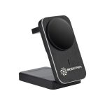 A black and silver wireless charger with a circular charging pad and a branded logo on the front.