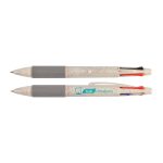 A multi-coloured pen featuring grey, red, blue, and green inks, along with a branding logo on the barrel.
