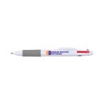 A plastic pen in white with gray grip and three ink colors: red, blue, and green. Features a logo.