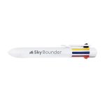 A white pen with a logo, featuring multiple coloured ink options in red, blue, yellow, and black.