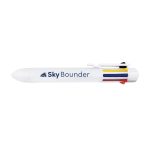 A white pen with a coloured grip and clip, featuring a logo on the side.