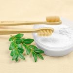 A bamboo toothbrush with soft bristles is placed next to a bowl of white powder, accompanied by green leaves.