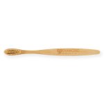 A bamboo toothbrush featuring a sleek design, with a logo engraved on the handle.