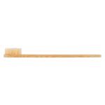 A bamboo toothbrush featuring a wooden handle and soft bristles.