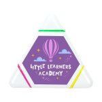 A triangular highlighter with green, pink, and yellow ends, featuring a logo and a colourful design.