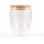 A double wall glass cup with a bamboo lid, featuring a clear design ideal for beverages, sized at 350ml.