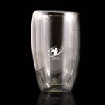 A double wall glass cup with a capacity of 450ml, featuring a sleek design and a logo on the front.