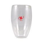 A double wall glass cup designed for beverages, featuring a clear body and a logo printed in red. Capacity is 450ml.