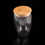 A drink bottle with a clear glass body and a natural bamboo lid, designed for stylish beverage storage.