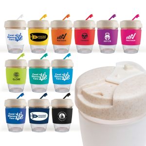 A reusable coffee cup in various colors with a silicone band, featuring different logos and a straw.