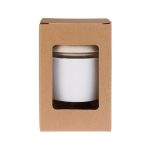 A reusable coffee cup with a silicone band, presented in a cardboard packaging with a viewing window.