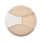 A reusable coffee cup in beige with a textured finish and a white band, featuring a logo.