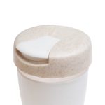 A reusable coffee cup featuring a beige lid and a white body, with a silicone band for grip. It has a logo on it.