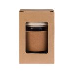 A reusable coffee cup in a cardboard box features a cork band and a white lid, combining natural materials and style.