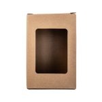 A brown cardboard box with a rectangular window on the front, designed for packaging products.