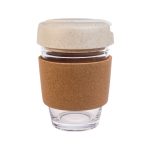 A reusable coffee cup featuring a clear glass body, a cork band for grip, and a light-colored, speckled lid.
