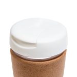 A reusable coffee cup featuring a white lid and a natural cork band.