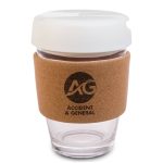 A reusable coffee cup featuring a transparent body, white lid, and a cork band with a logo printed on it.