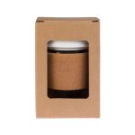 A reusable coffee cup with a cork band, presented in a simple cardboard packaging.